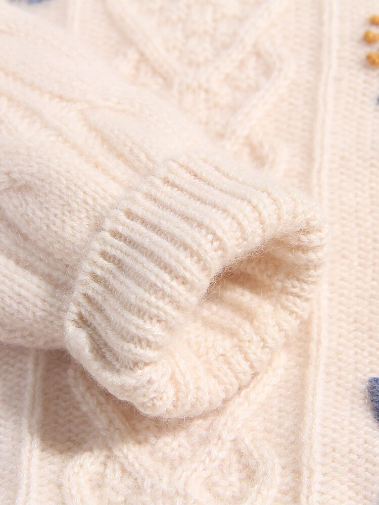 Kids Ivory Floral Embroidered Cable Knit Cashmere Sweater